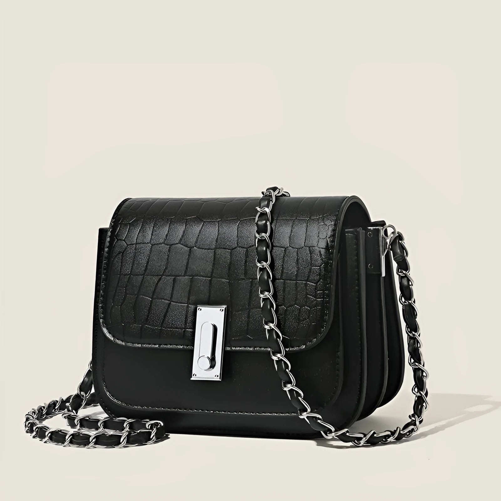 Soft PU women's chain shoulder bag in horizontal square shape with inner mobile phone compartment
