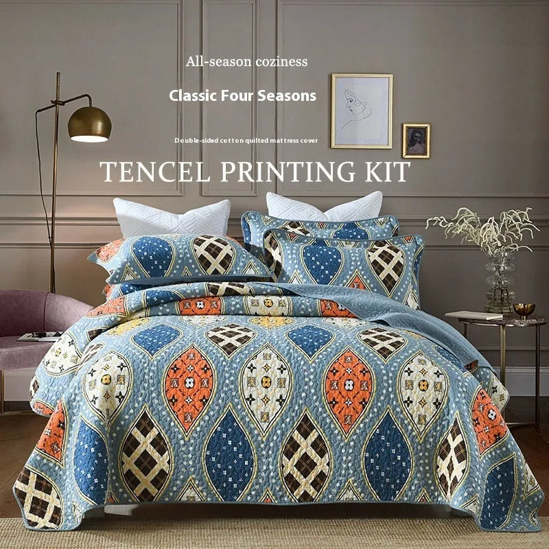 Pure cotton quilted bed cover set with printed pattern on a 1.5-1.8m bed.