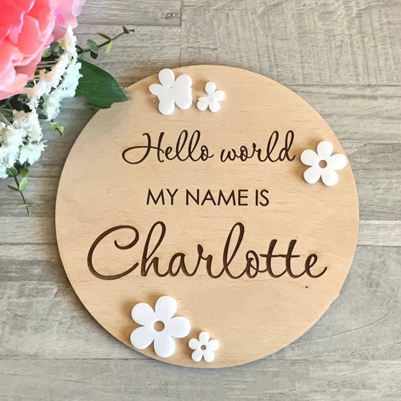 Square wooden baby name label with birth information, 15cm by 15cm, in one of three style choices.