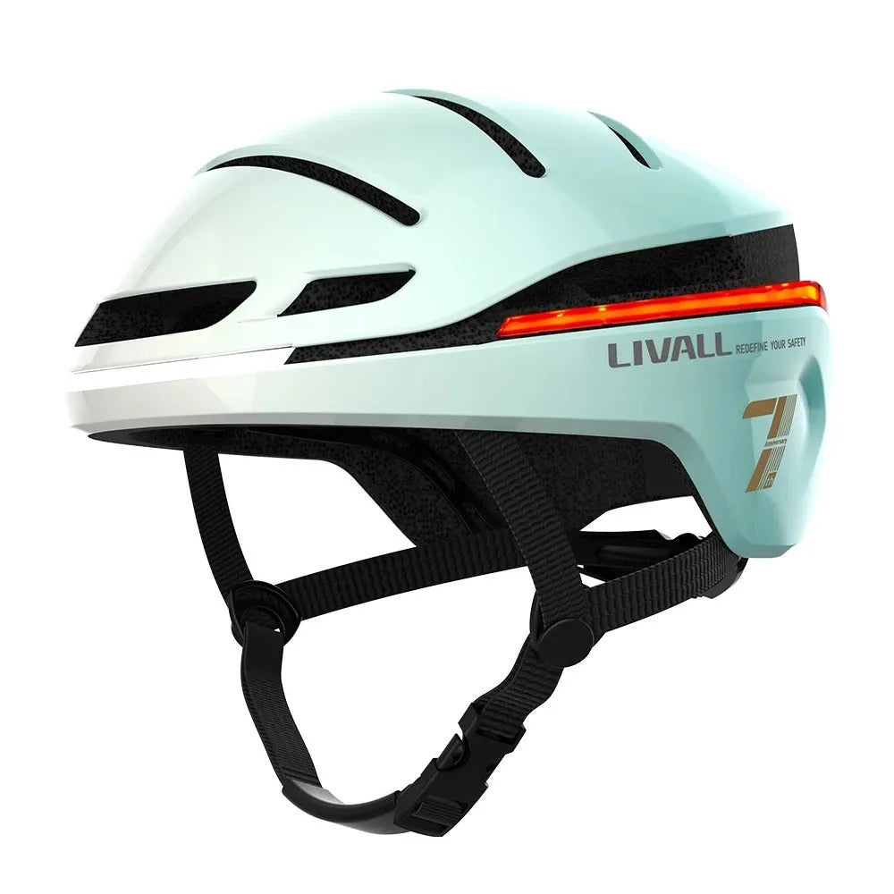 Smart bicycle helmet with integrated LED lights in multiple colour options including Aurora Purple and Dark Night Black
