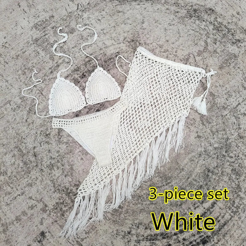 Women's three-piece bikini set with handmade crochet beach skirt in acrylic fabric
