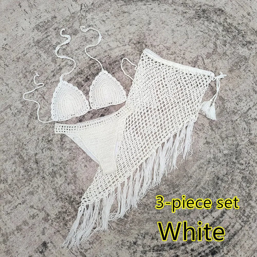 Women's three-piece bikini set with handmade crochet beach skirt in acrylic fabric