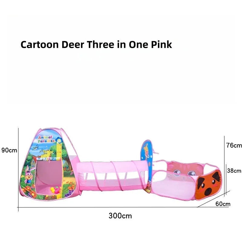 Children's three-in-one play tent with tunnel and ball pool in a cartoon submarine design.