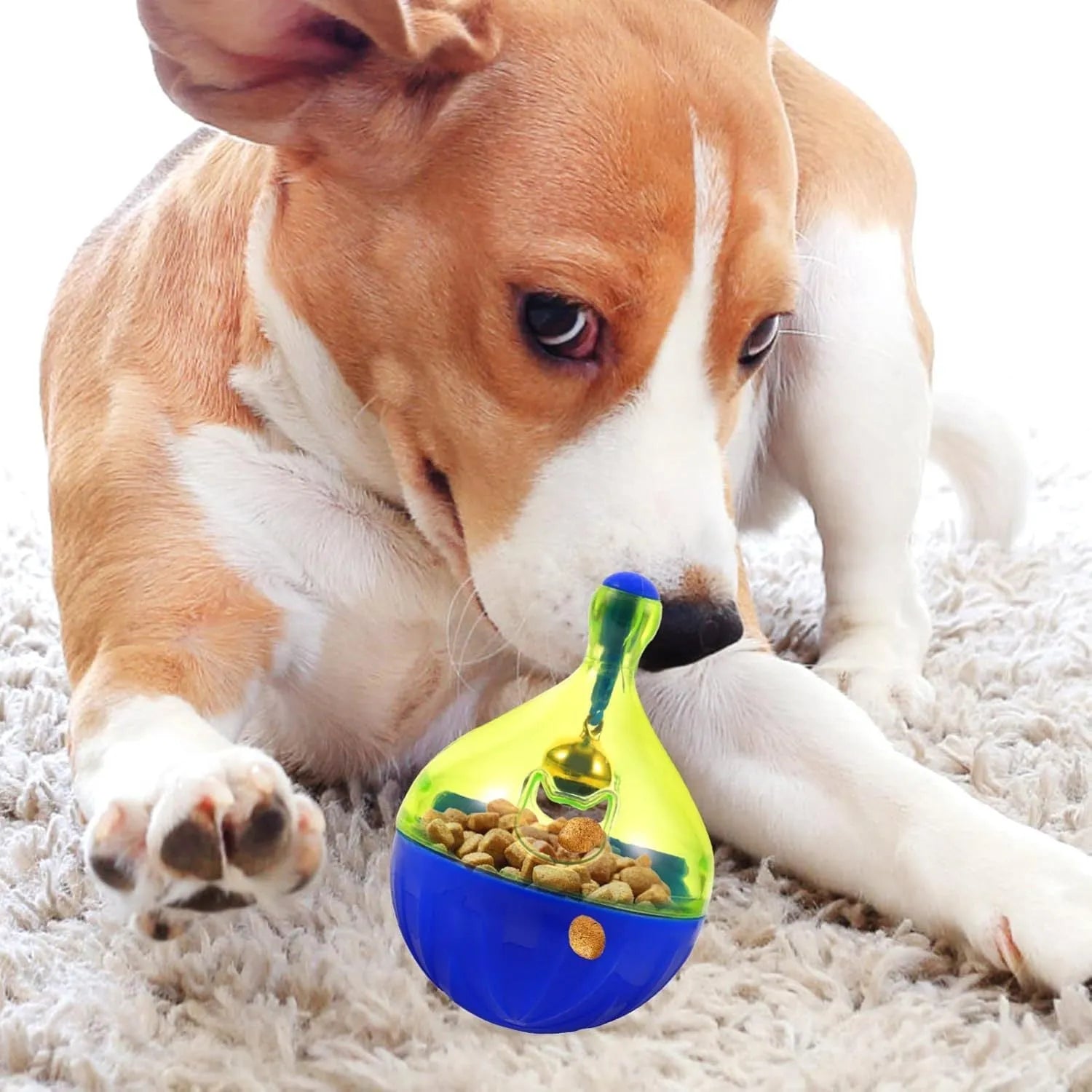 Tumbler-shaped interactive pet treat dispenser ball for dogs and cats with treat release holes