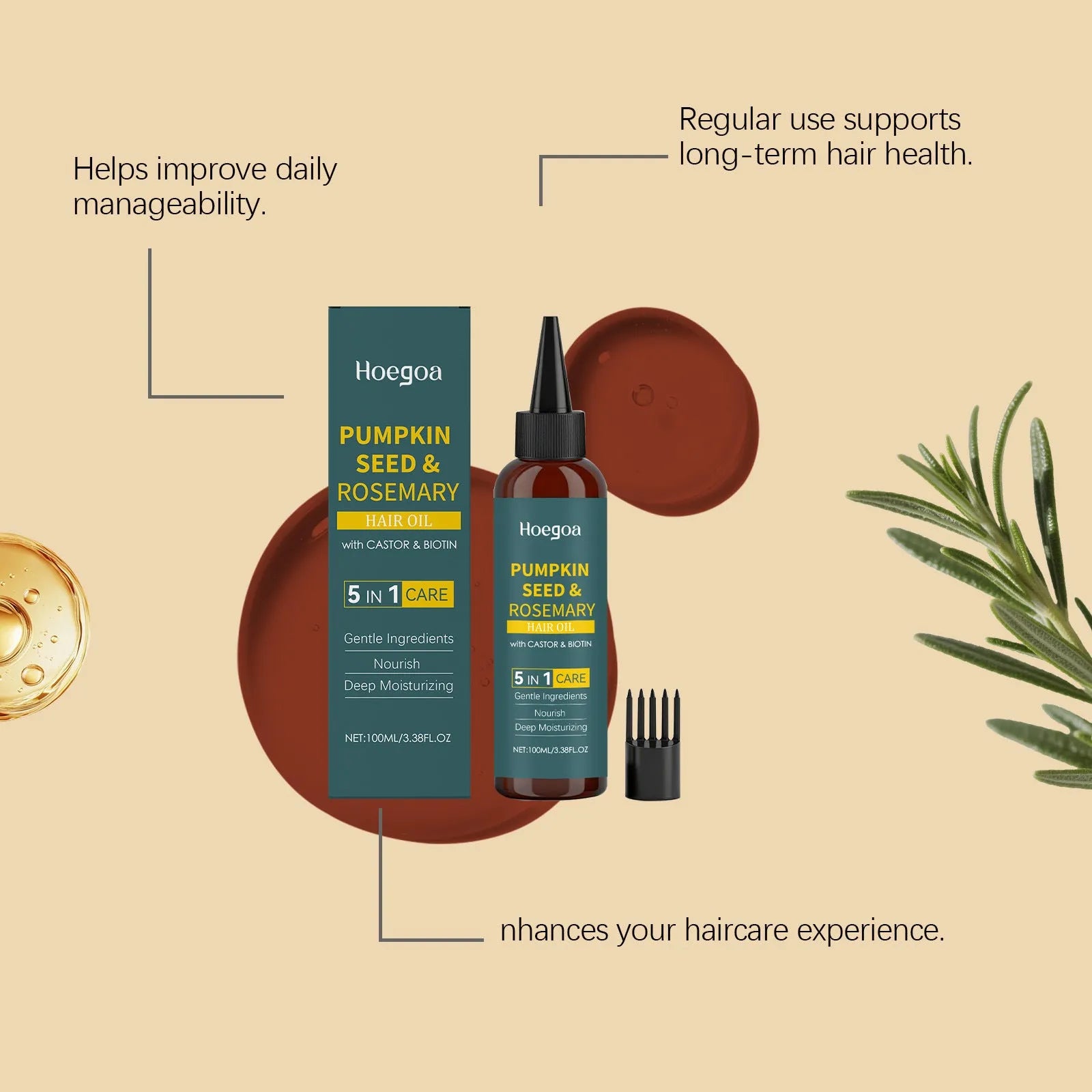 Rosemary hair care essential oil bottle with pointed nozzle and hair comb