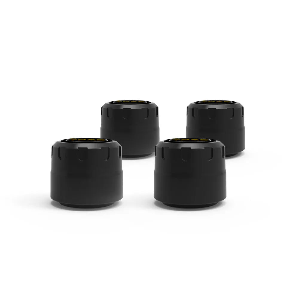Bluetooth 5.0 automotive tire pressure monitoring system with four black external sensors, a wrench, and anti-theft screws.