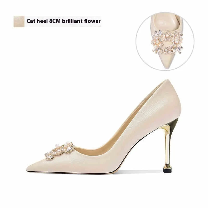 French-style crystal bridal high heels with rhinestones on a cloth upper, available in stiletto or cat heel.