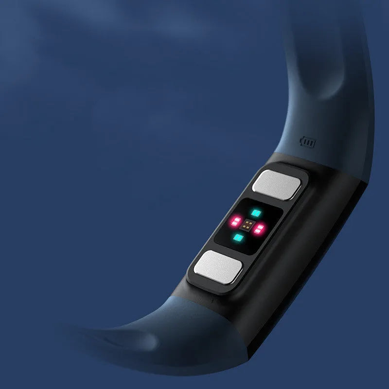 Y6 Black smart bracelet with health monitoring on a wrist, showing the 1.1-inch touchscreen.