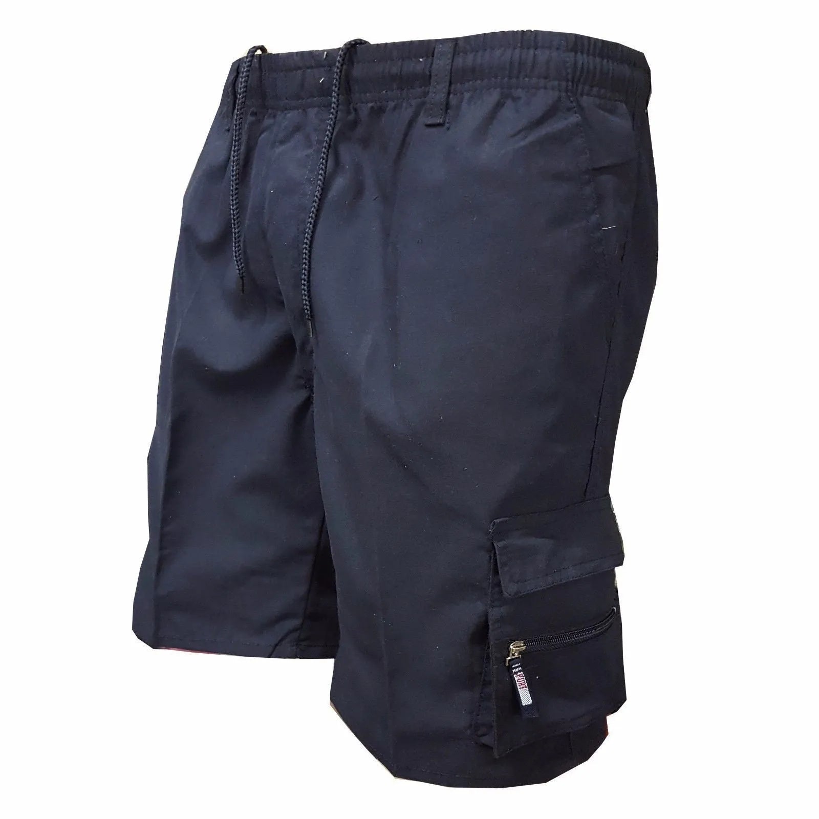 Men's khaki-coloured loose-fit cotton casual shorts with a drawstring waist and multiple pockets.