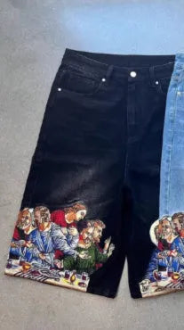 Blue men's tapered cotton shorts with a Jesus print on the back pocket.