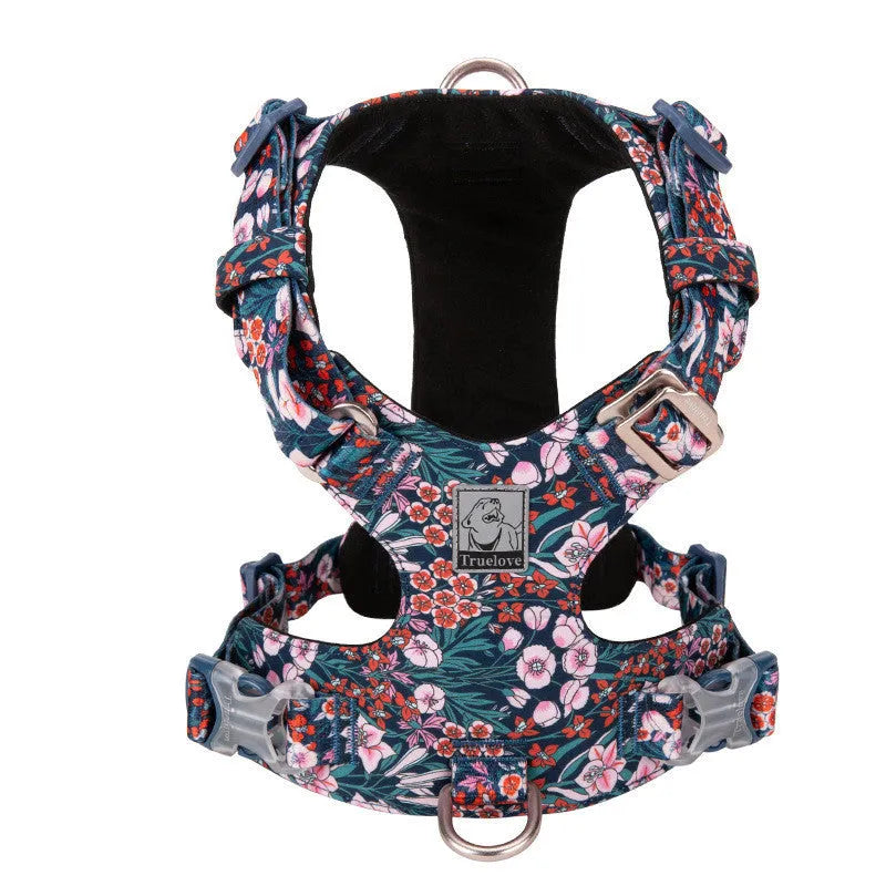 Pure cotton dog harness chest strap with floral pattern in red, blue or green colour options