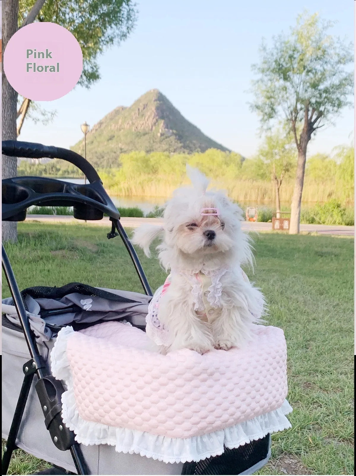 Pet stroller three-piece set showing removable towel, cushion and pillow in floral pattern