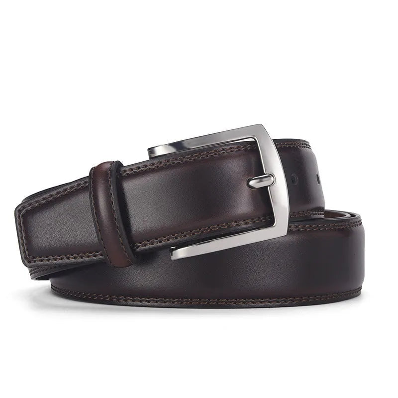 Men's black leather belt with silver pin buckle fastener showing length measurement