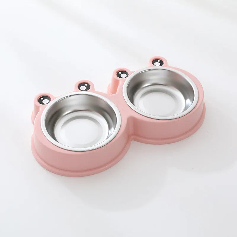 Frog-shaped double pet bowl with stainless steel interior for food and water, in blue