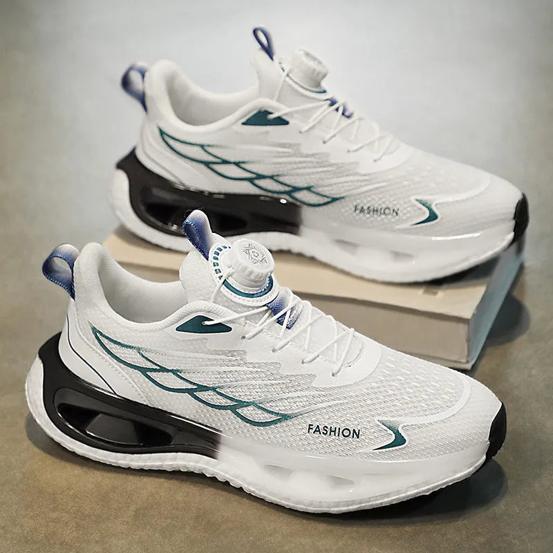 Youth casual sneaker with rotating button closure in light blue mesh and a non-slip rubber sole