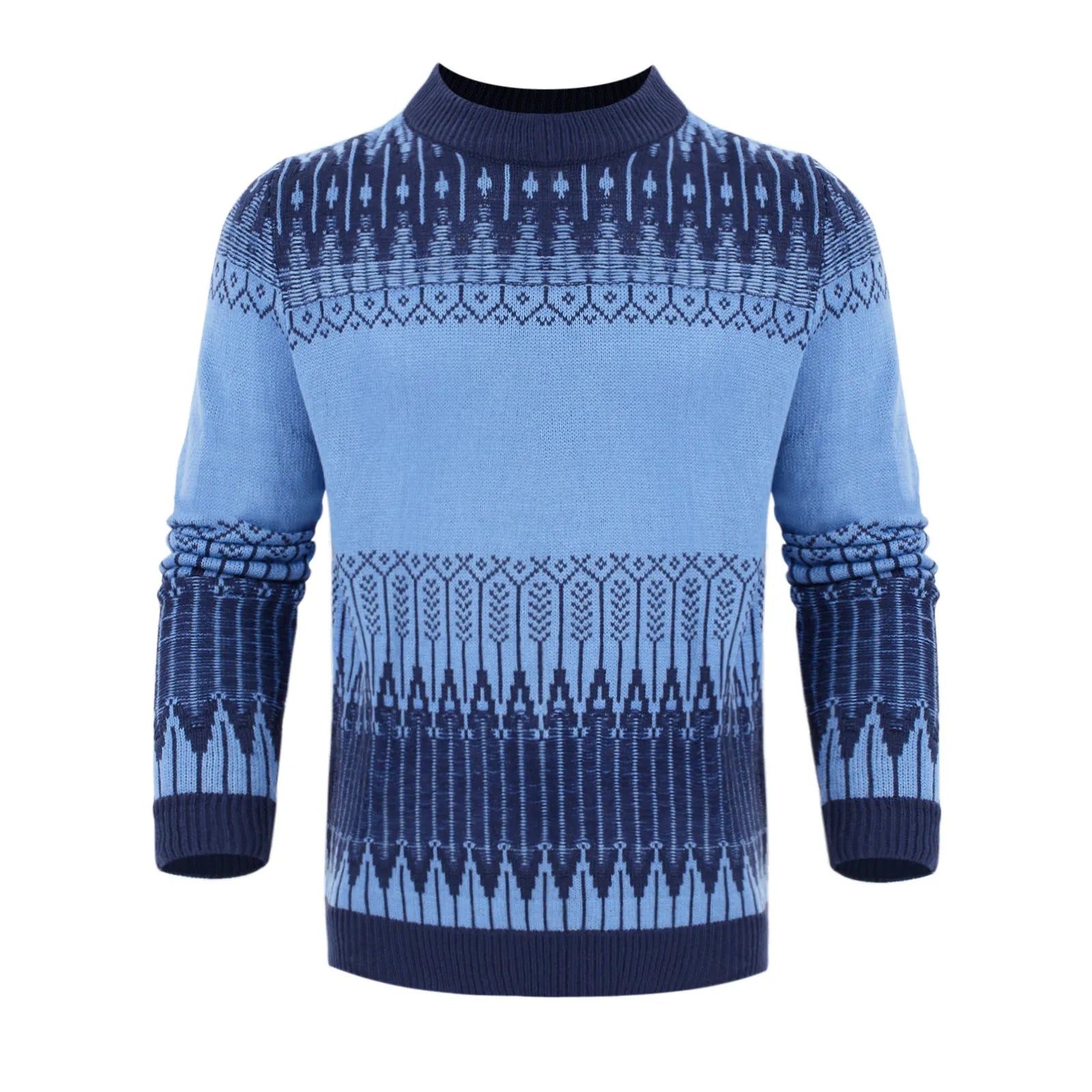 Men's knitted long-sleeve pullover sweater shown in multiple sizes and style variations.
