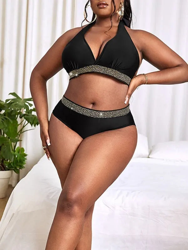 Black plus size women's bikini swimsuit with bra and shorts, sizes 0XL to 4XL