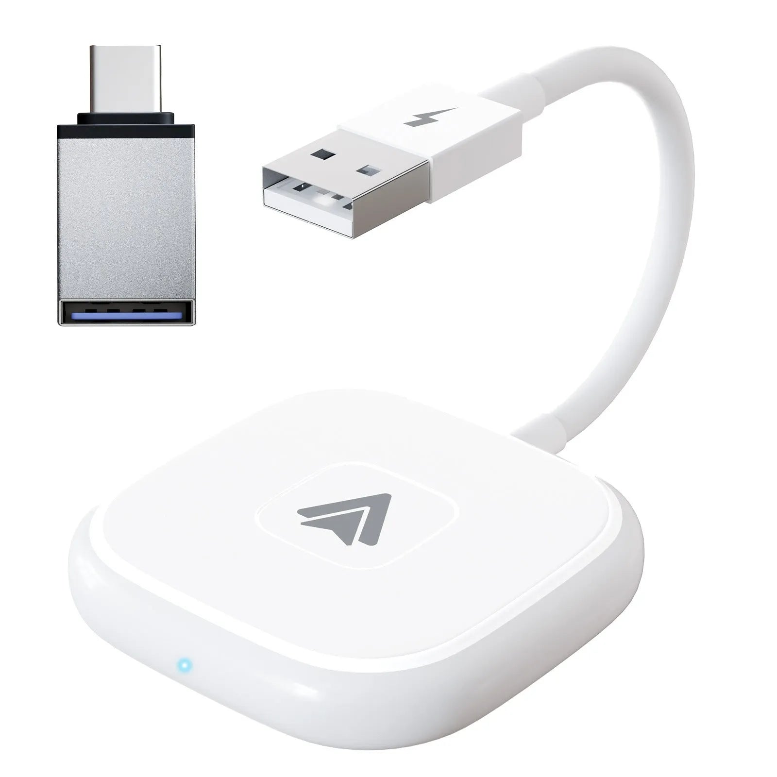 Black wireless Android Auto car adaptor connected to a car USB port with a smartphone displaying a navigation app wirelessly.