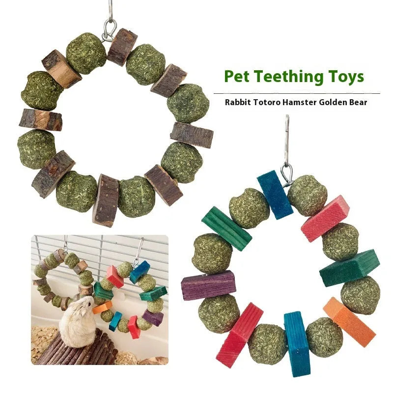 Hamster chew toy with straw ball and applewood ring components for small pets