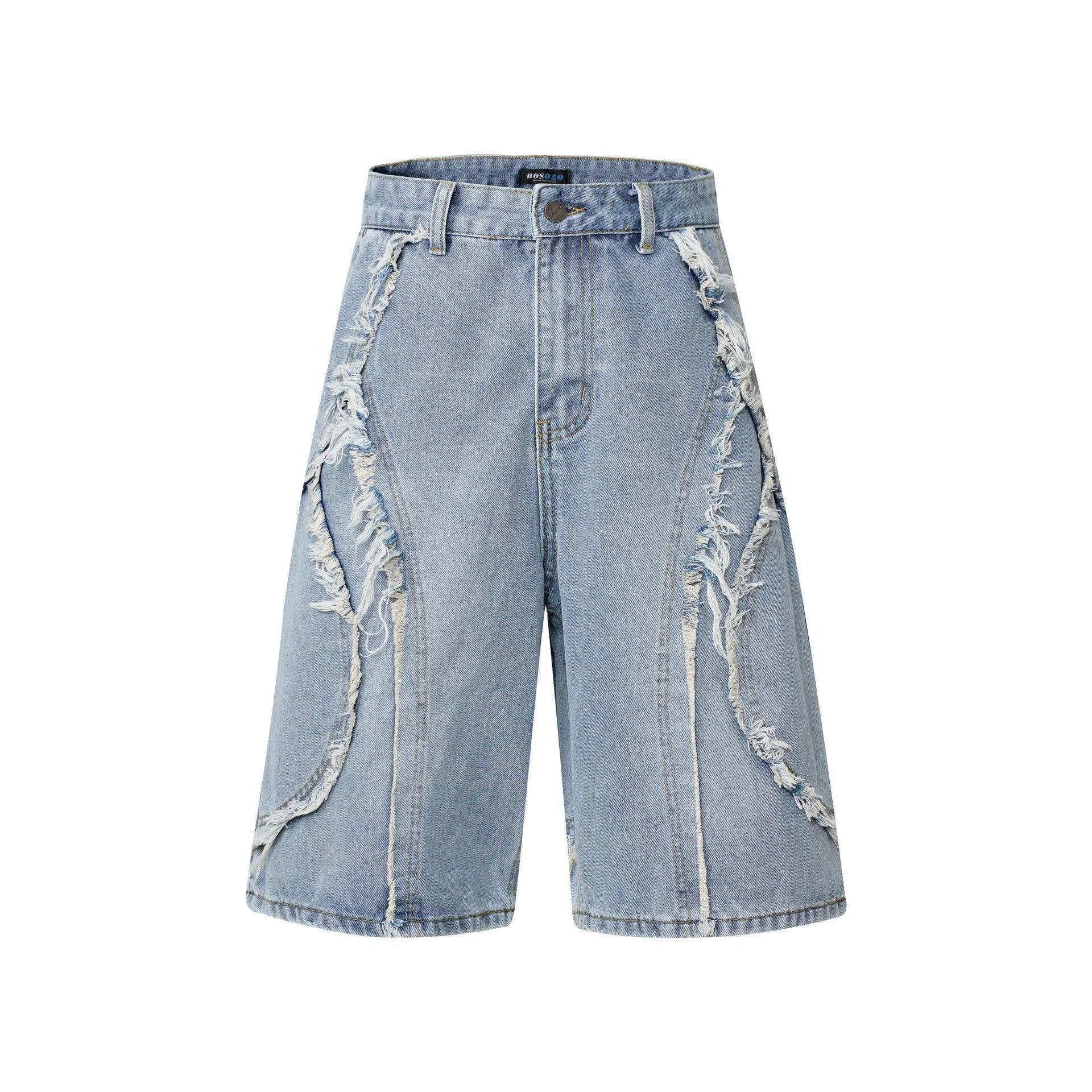 Men's distressed light blue denim shorts with raw edge hem and straight leg cut on a plain background.