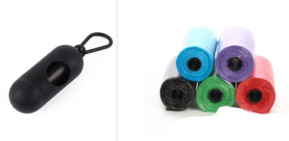 Roll of multi-coloured dog waste bags showing black, blue, green, and pink examples