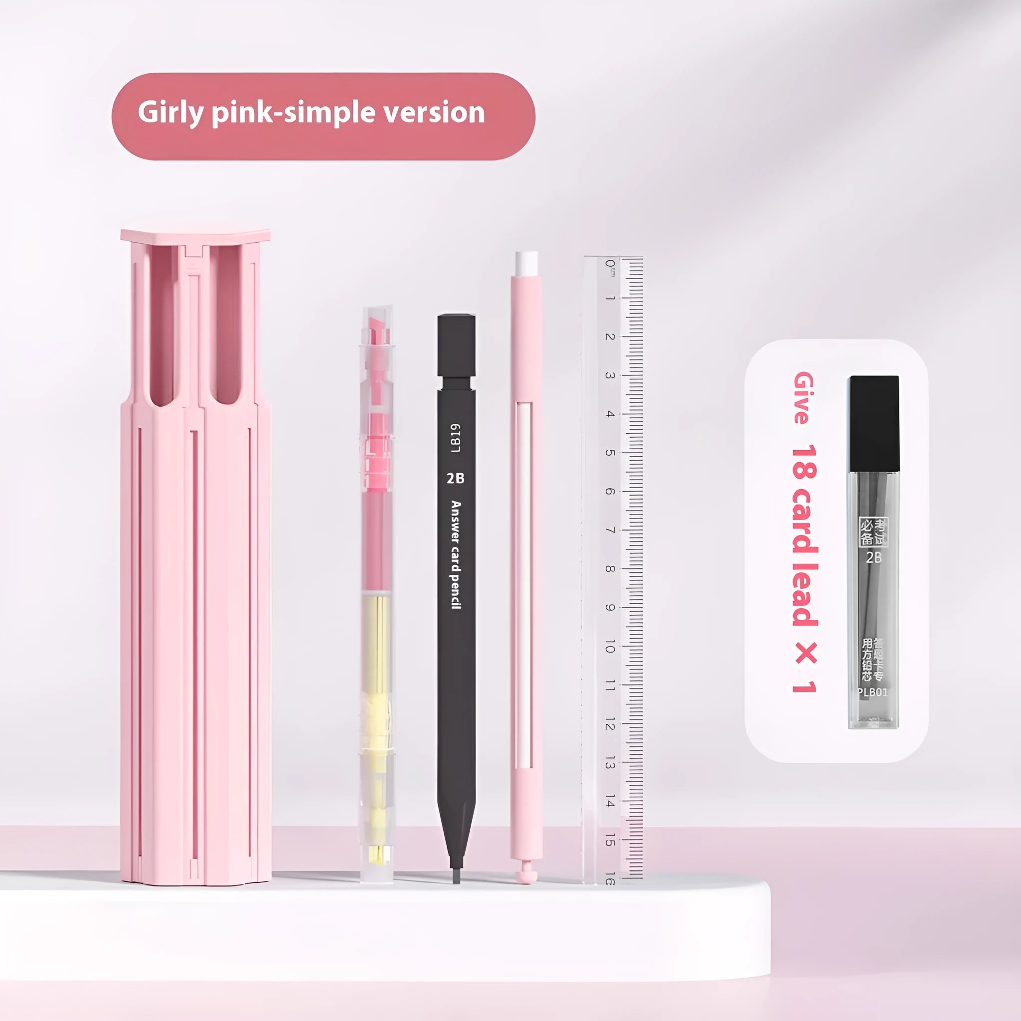 Pressing pen kit with plastic pencil case in blue, white, or pink containing six or sixteen pens