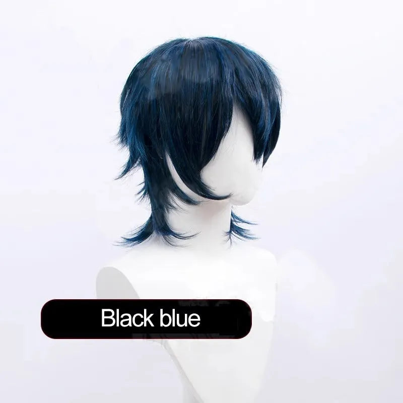 Men's short black anime-style cosplay wig on a stand