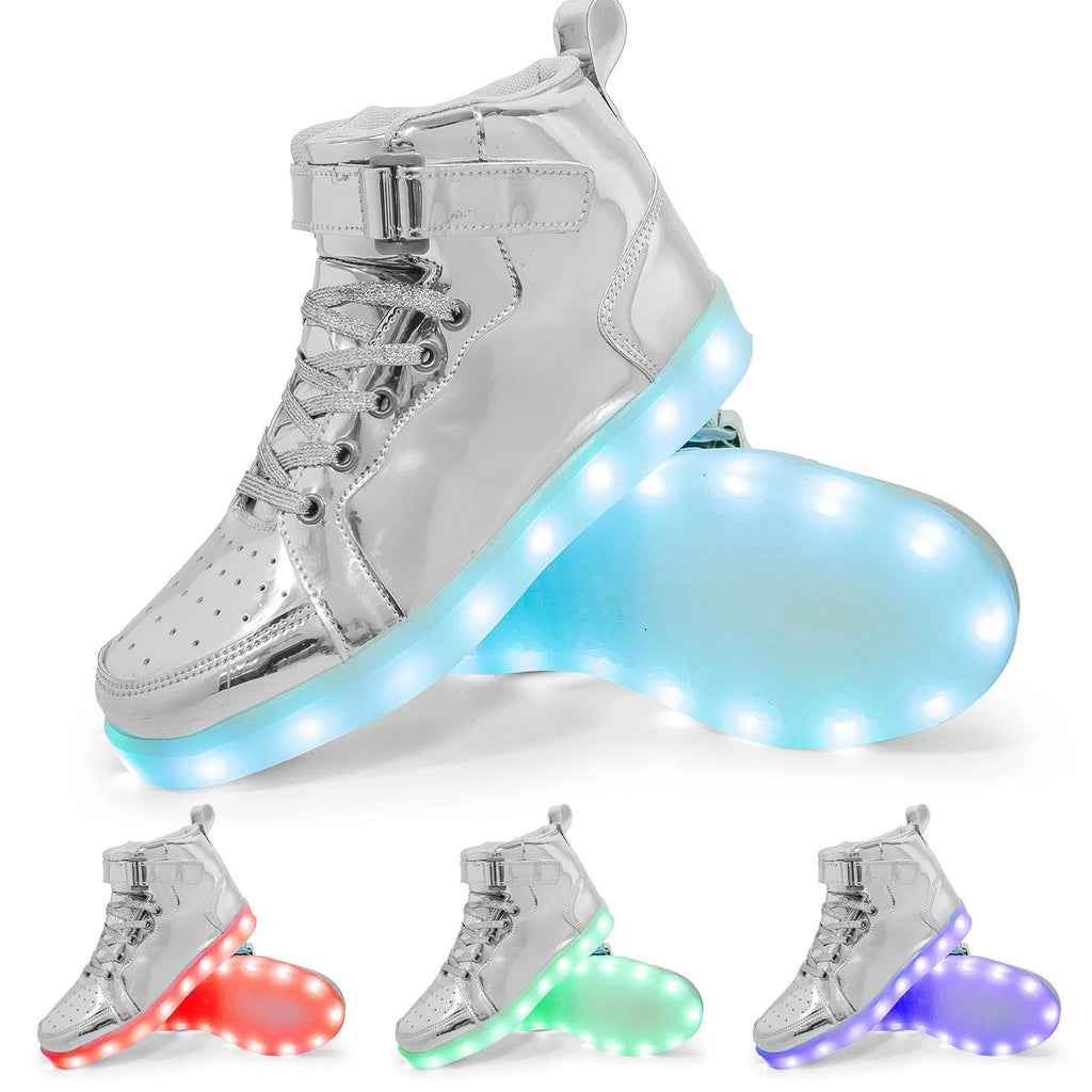 LED high-top light shoes with Velcro closure showing illuminated sole and available colour options