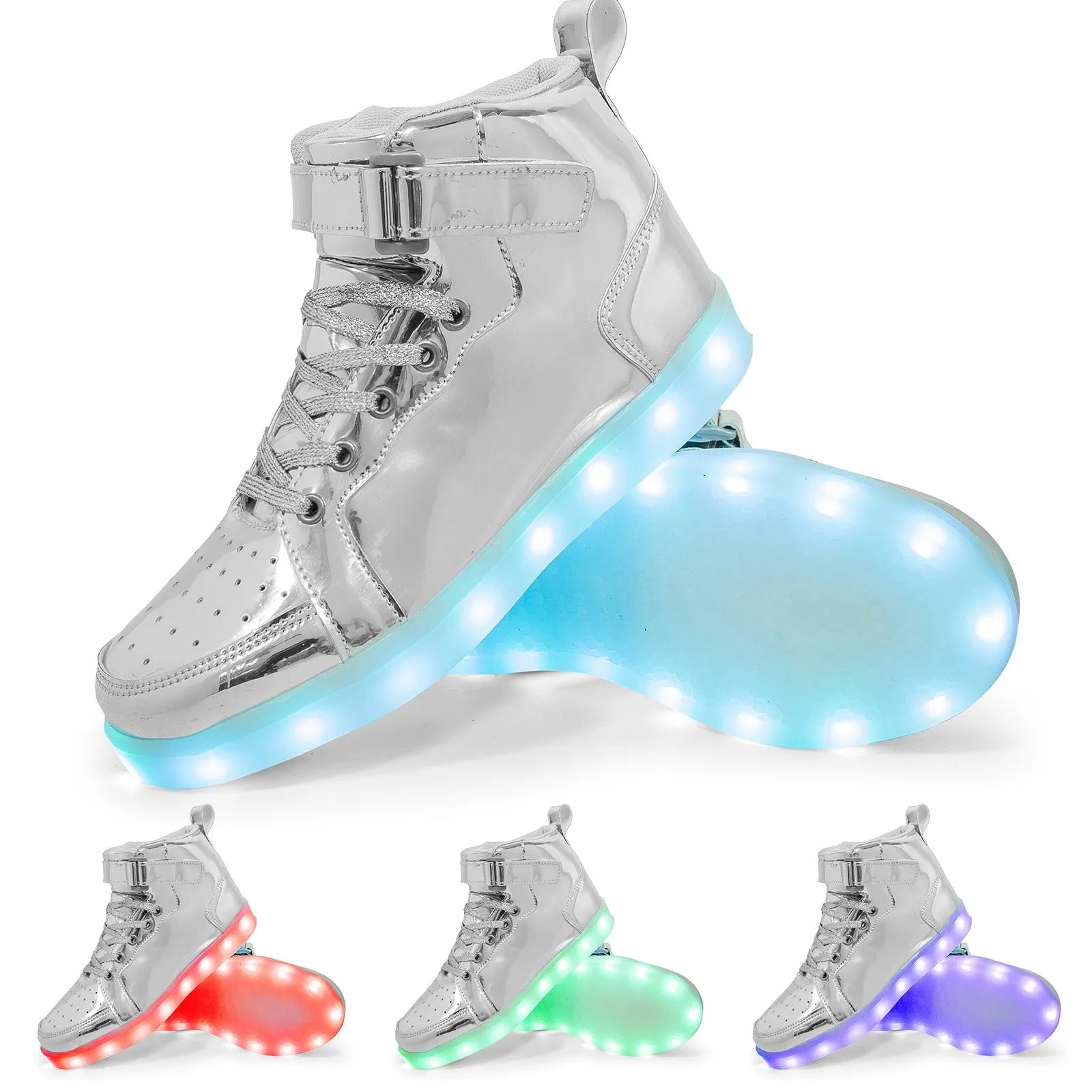 LED high-top light shoes with Velcro closure showing illuminated sole and available colour options