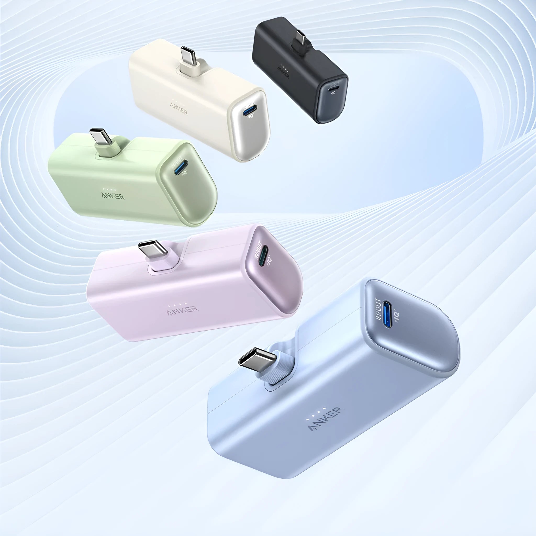 Small capsule power bank in five colours showing compact 77x36x25mm design with USB-C port