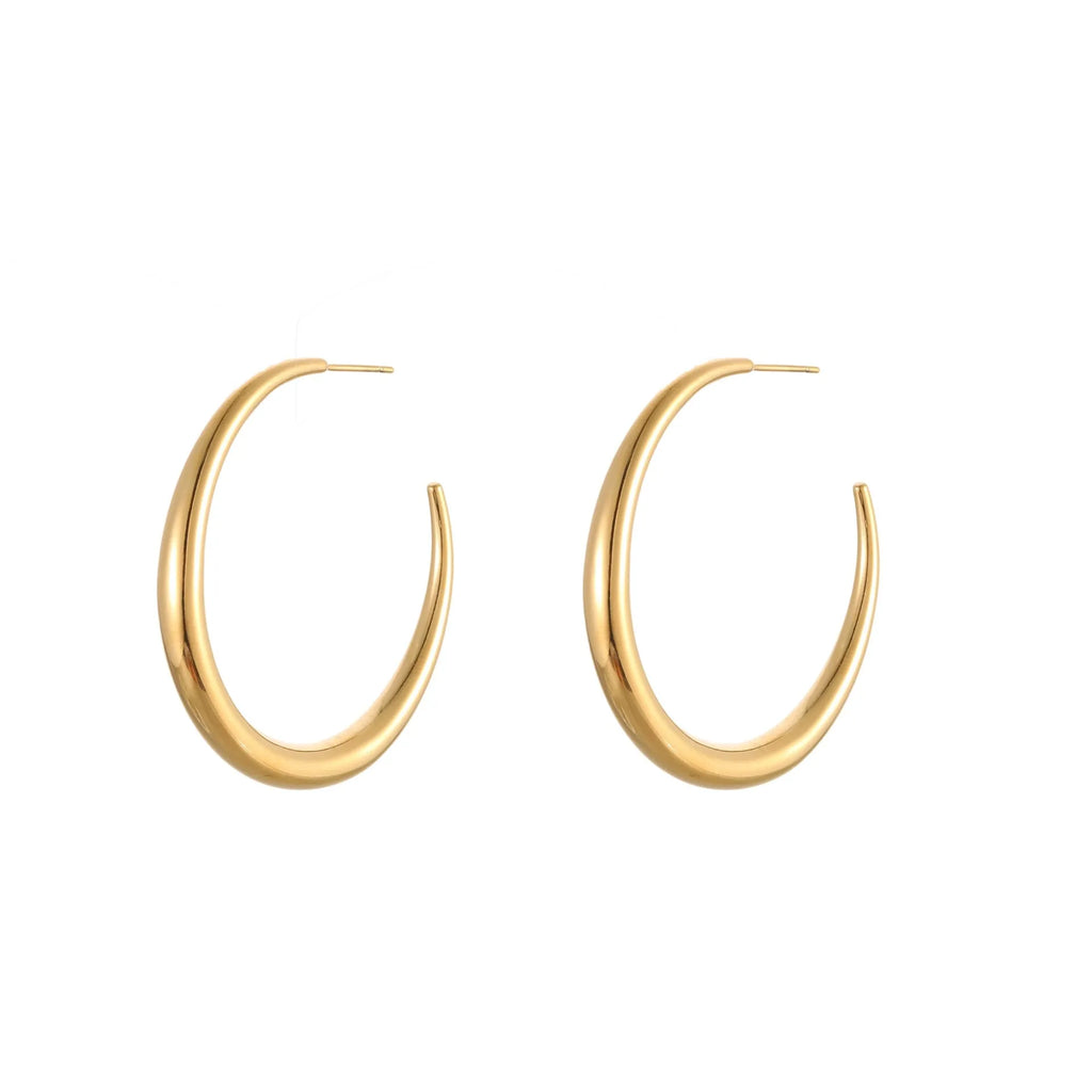 A pair of simple round titanium stainless steel hoop earrings shown in both gold and steel finishes.
