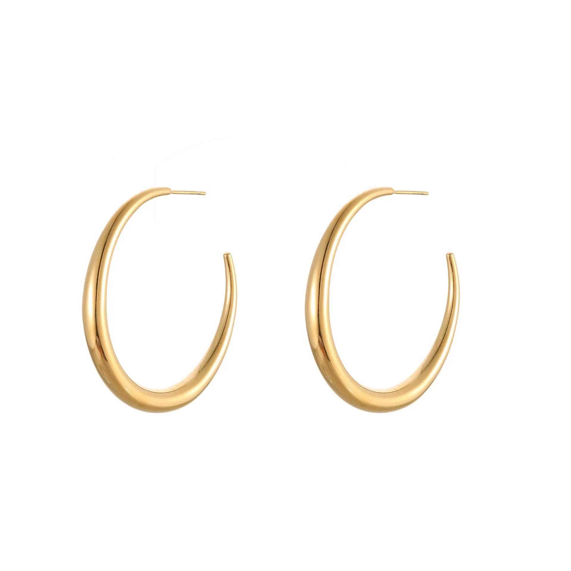 A pair of simple round titanium stainless steel hoop earrings shown in both gold and steel finishes.