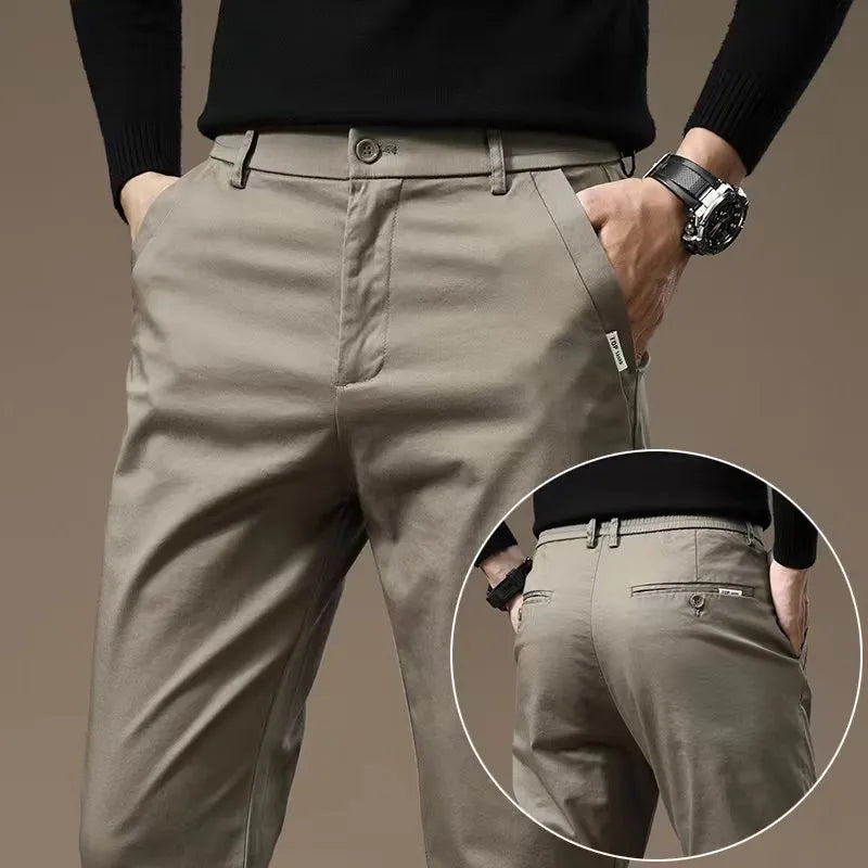 Combed cotton light business casual trousers for men in four colours with mid-rise elastic waist