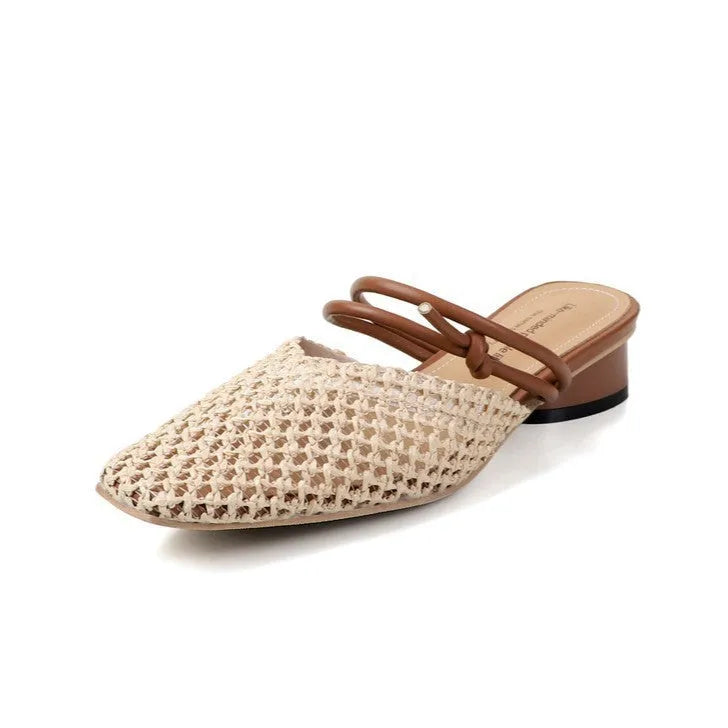 Women's black square toe slippers with hollow-out design and a thick chunky heel