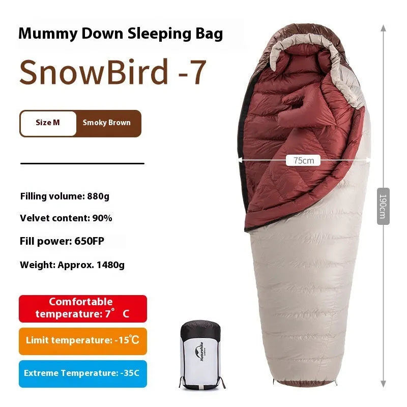 Mummy style goose down sleeping bag with storage bag in various colour options
