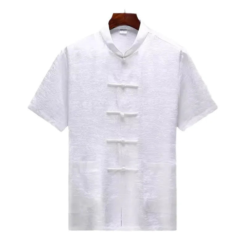 Traditional Chinese-style men's Tang suit in mulberry silk fabric showing white, light green and navy blue colour options