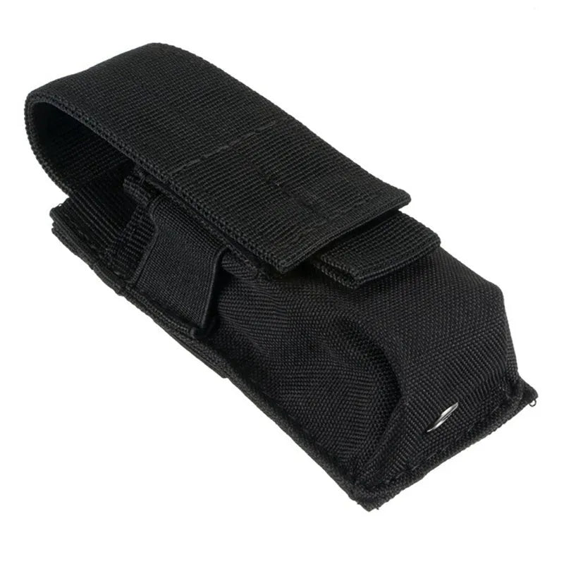 Black tactical Molle waist pouch with elastic cord buckle, shown attached to a belt.