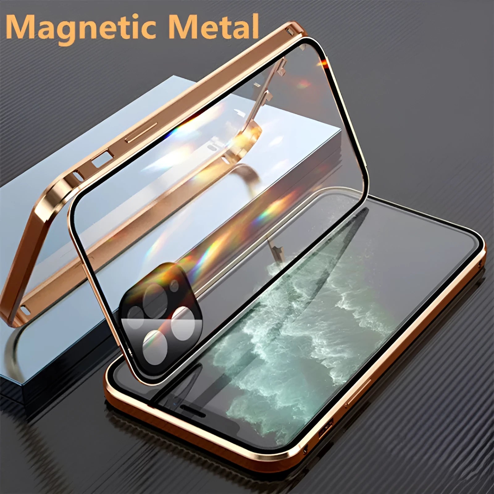 Black aluminium bumper iPhone case with magnetic snap-on design and full tempered glass screen protectors.