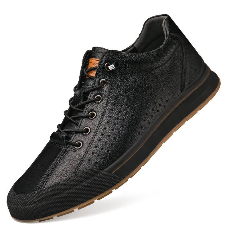 Men's white round toe matte leather casual shoes with flat heel on a plain background.