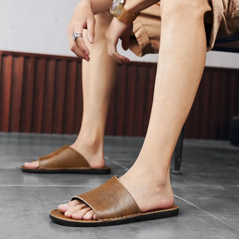 Men's brown leather casual sandals with rubber soles for spring and summer outdoor wear