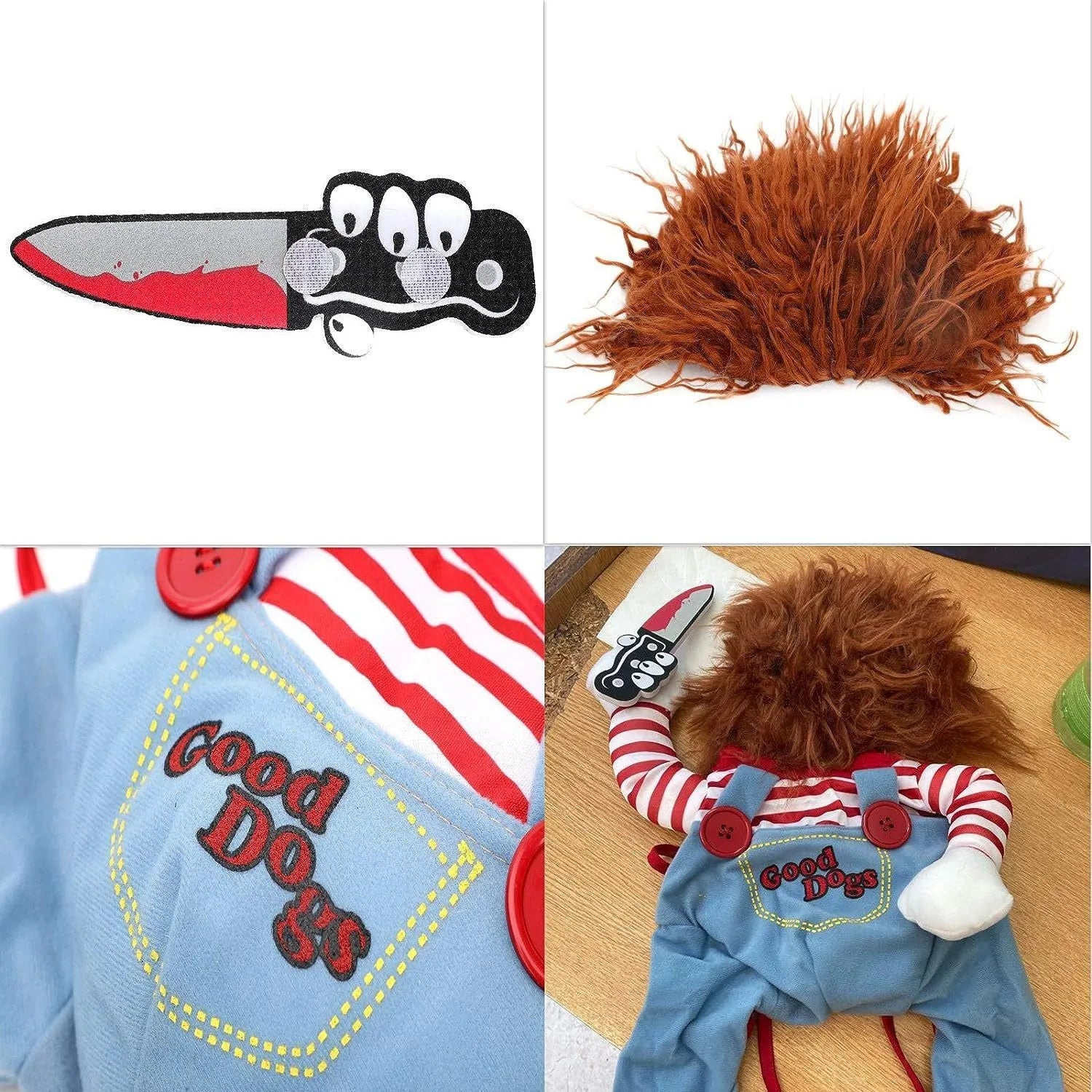 Striped Halloween harness pants costume for dogs and cats with knife accessory, showing sizing chart