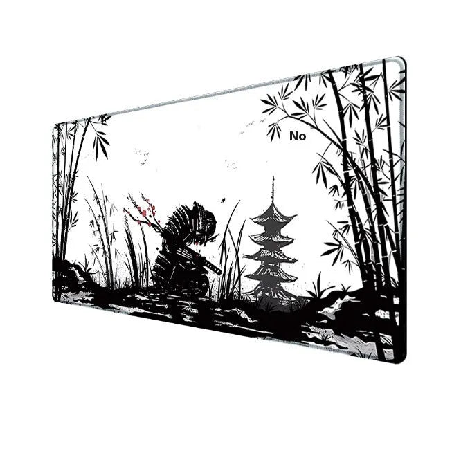 Japanese Samurai design gaming mouse pad on a desk, showing cloth surface and non-slip base.