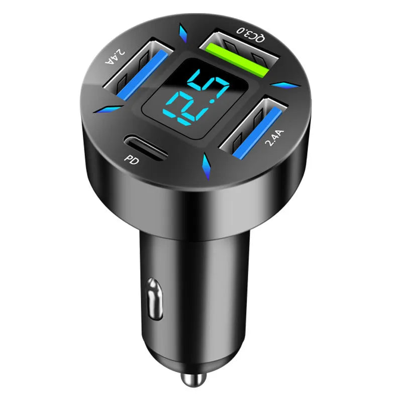 Four-port USB car charger with QC3.0 fast charging and LED voltage display for vehicles.