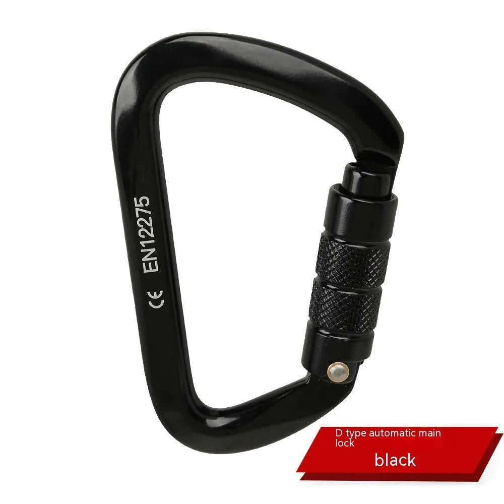 D-shaped locking climbing carabiner main lock in silver red colour with automatic gate closure.