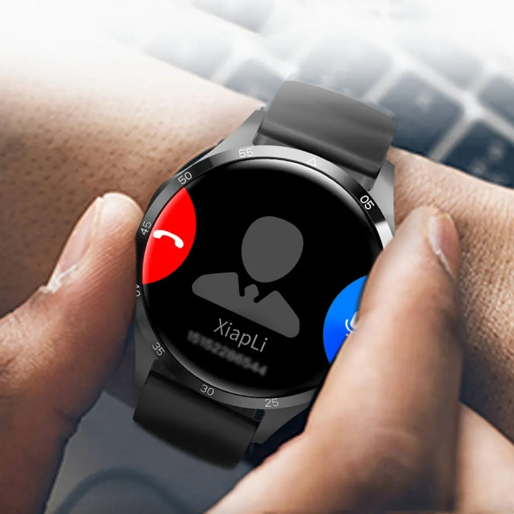 Black Bluetooth smartwatch with a touchscreen display, shown with both silicone and Milanese mesh strap options.