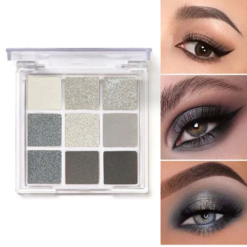 Smoked design nine colour eyeshadow palette open showing white, silver, black, iron grey shades.