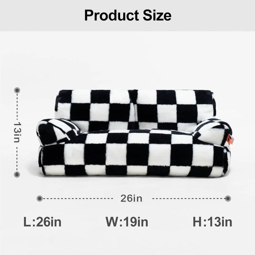Fluffy cat couch bed in black and white with raised sides and non-slip base for cats and small dogs