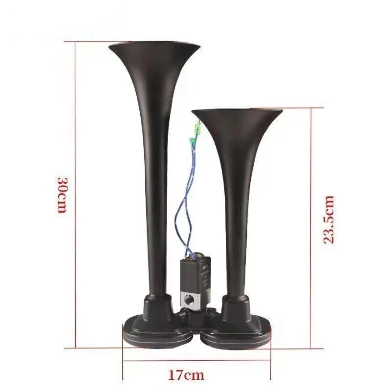 Black universal dual trumpet 12V 24V 300DB air horn compressor kit for vehicles