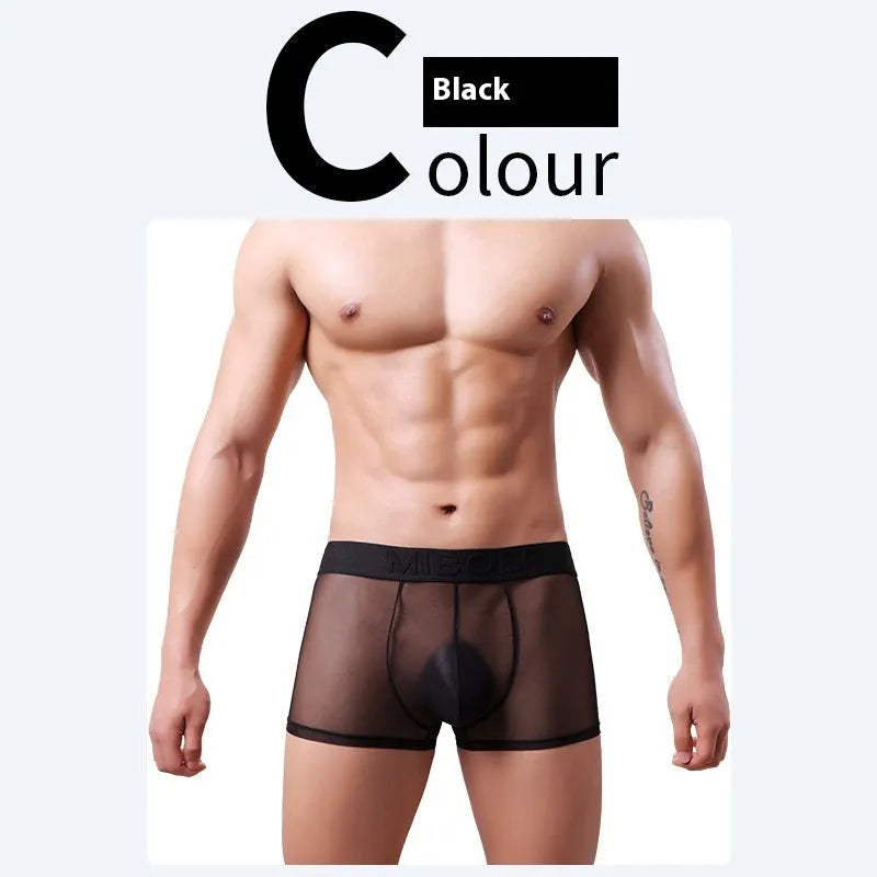 Men's thin invisible boxers in quick-drying polyester fabric, shown in multiple colour options.