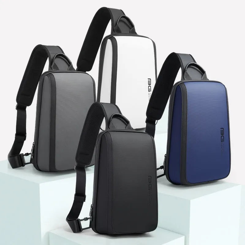 Blue Oxford cloth men's chest bag with shoulder straps and a soft handle.